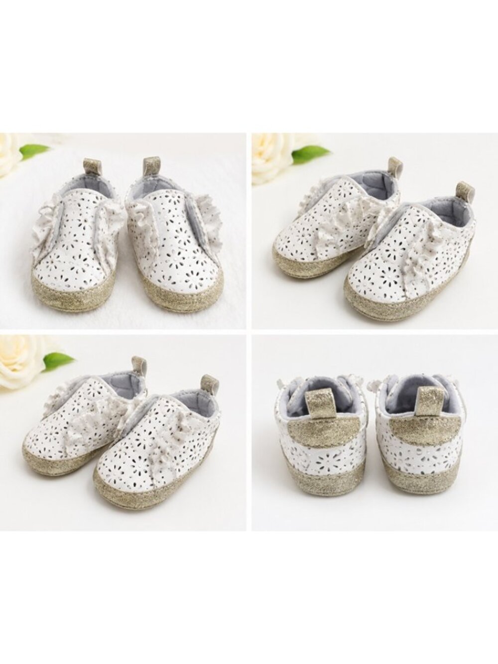Cat & Jack Baby Girls White Floral Crib Shoes Slip On Size 0-3M